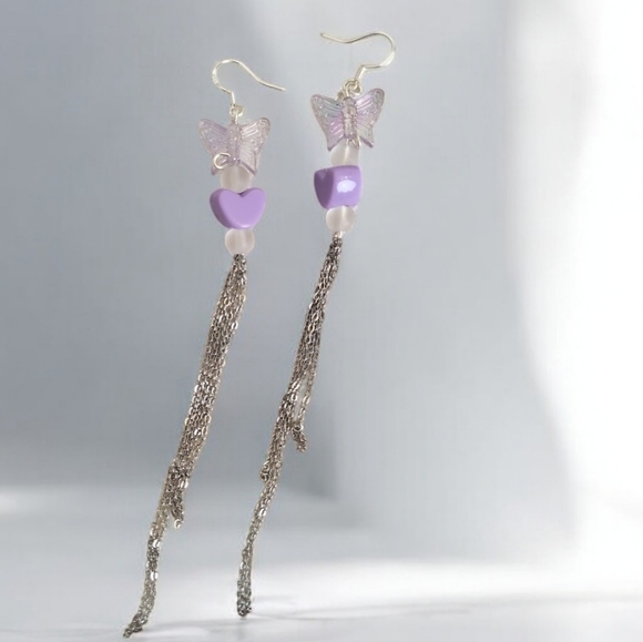 Hand Crafted Jewelry - Holographic Butterfly Clear Butterfly Heart Frosted Bead Chain Dangle Earrings